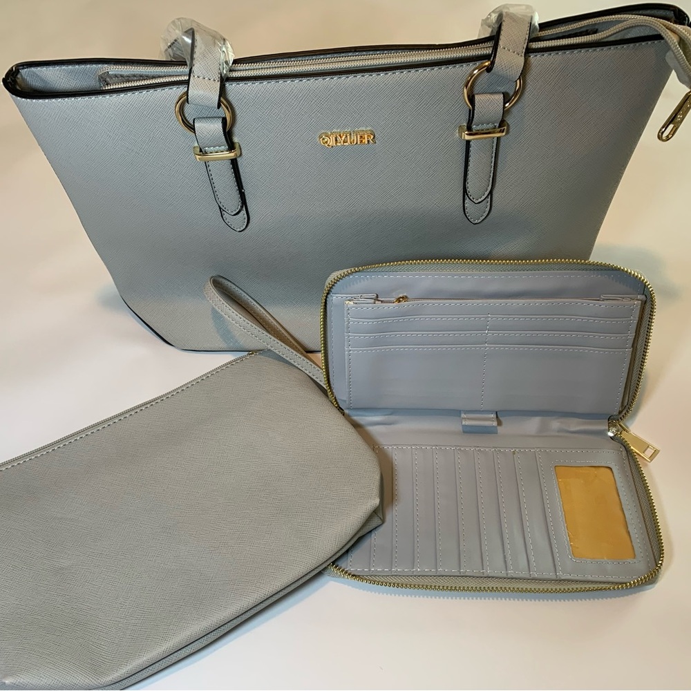 Gray Purse/Tote set 3 piece with gold zips and accents. New without tags